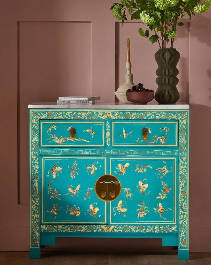 Oriental decorated blue sideboard – The Nine Schools