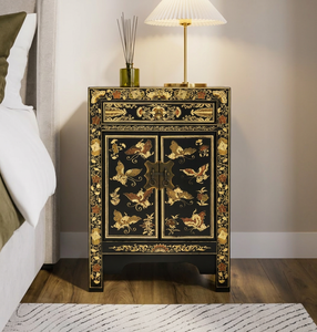 Oriental decorated black small cabinet – The Nine Schools