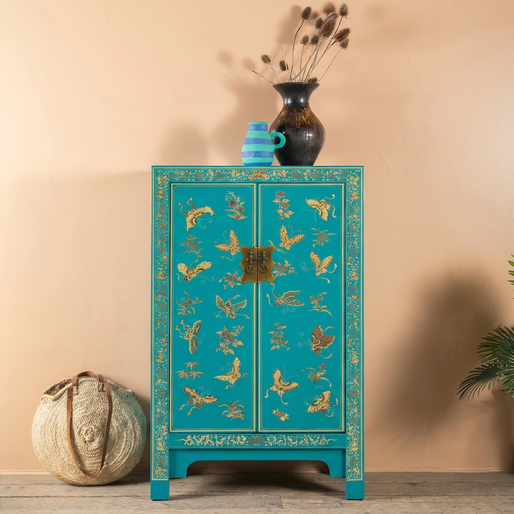 アンティーク シェルフ (左のブルーグリーンのみ) Oriental decorated blue medium cabinet – The Nine Schools