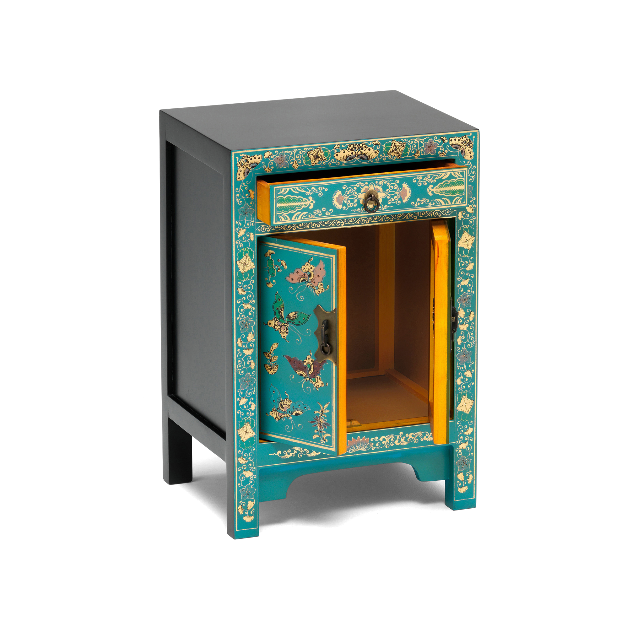 Oriental decorated blue small cabinet