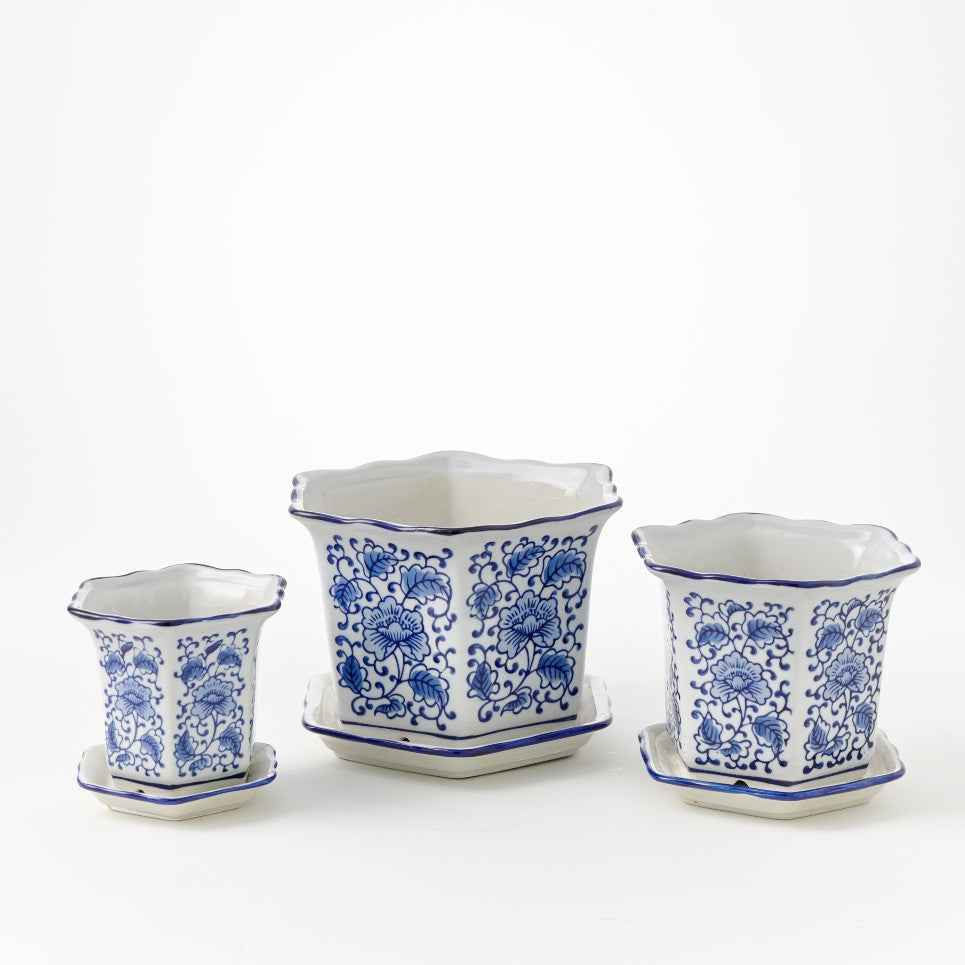 Blue and White Plant Pots with Saucers - set of three