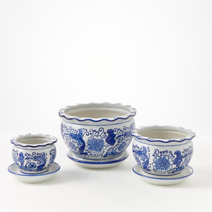 Round Blue and White decorated Plant Pots with Saucers - set of three
